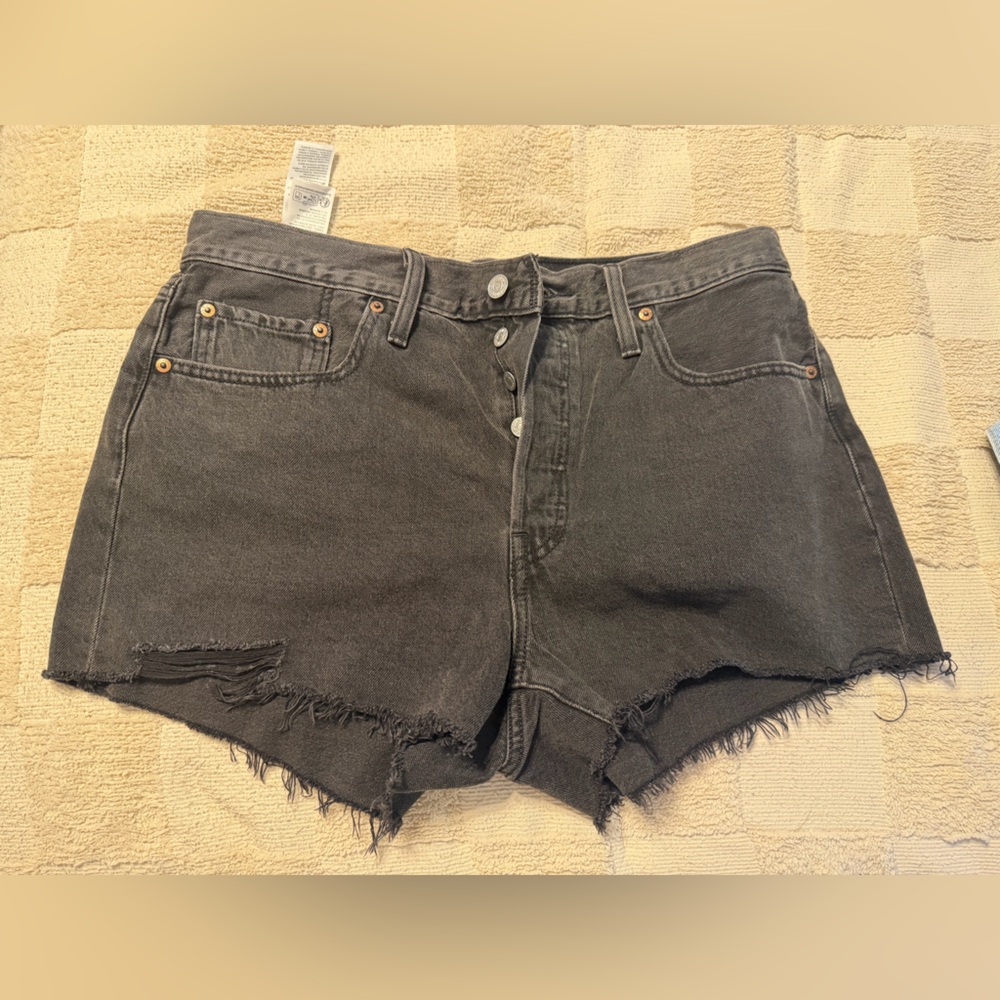High-Waist Black Distressed Denim Levi 501Shorts